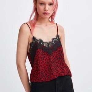ZARA RED LEOPARD LACE TRIM CAMISOLE, S